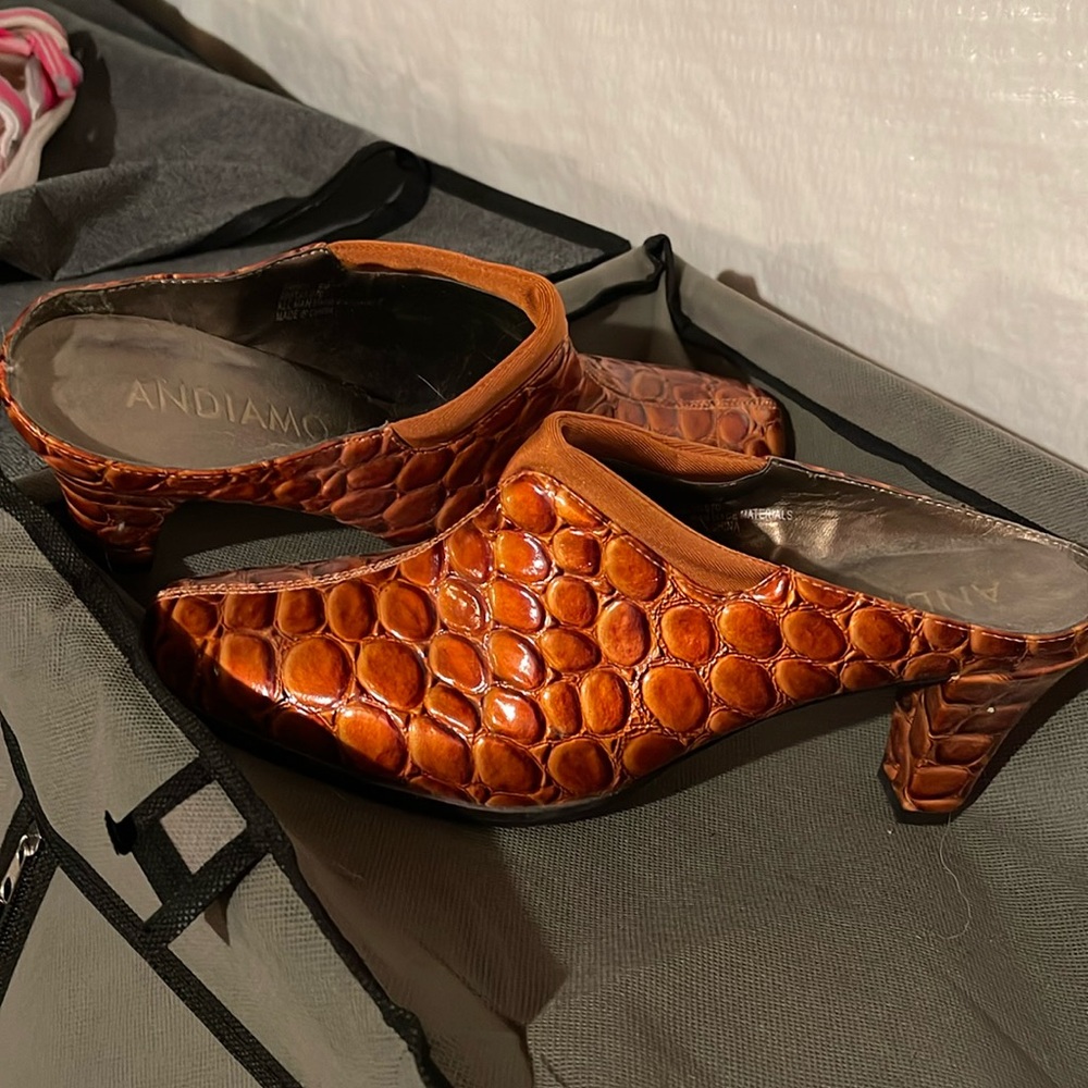 Croc style, mules 2 1/2 inch heel, hot fall color!  Leather